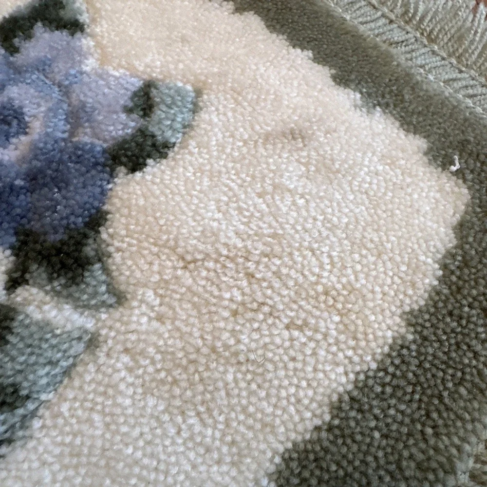 Vintage Sage Green Floral Contour Plush Rug Fringe Bathroom